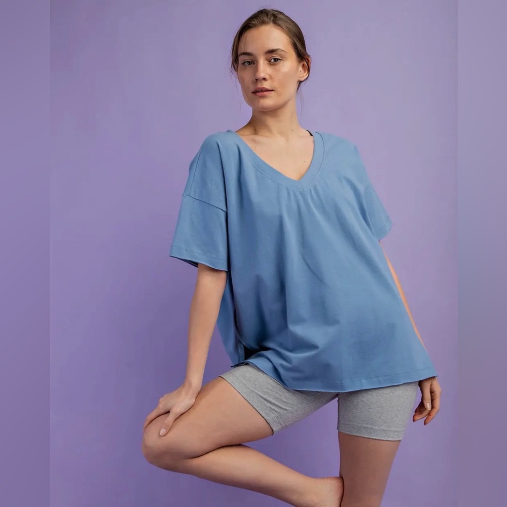Rae Mode Blue Oversized V-neck Reversible Short Sleeve Top